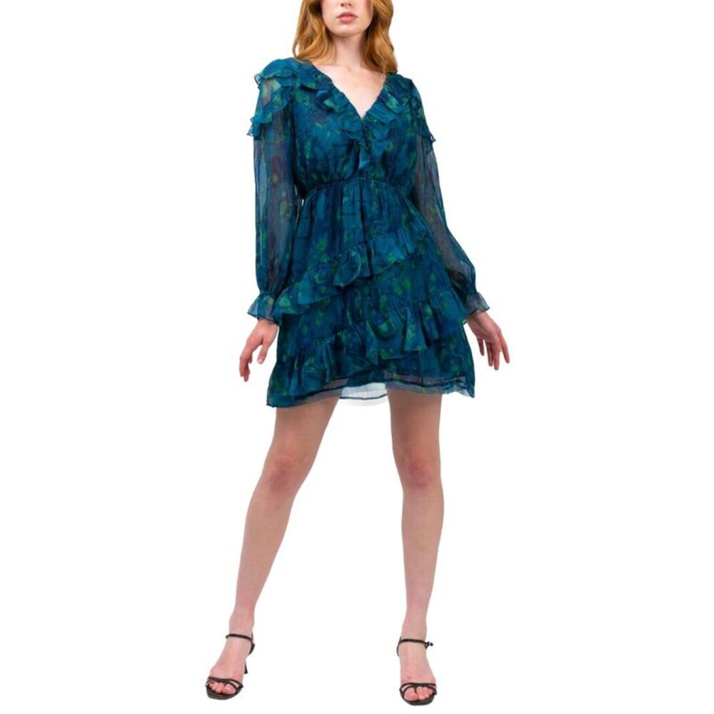 Marchesa Notte Womens  Pleated Long Sleeve Chiffon Mini Dress, Green